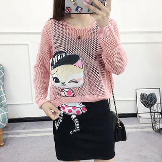 Set: Cartoon Applique Open Knit Sweater + Tank Dress