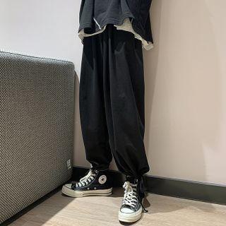 Drawstring Plain Fleece-lined Wide-leg Pants