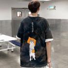 Short-sleeve Tie-dyed Cat Print T-shirt