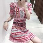 Patterned Short-sleeve Knit A-line Dress