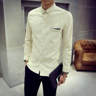 Patterned Trim Corduroy Long-sleeve Shirt