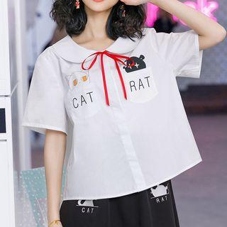 Cat & Rat Tie-neck Short-sleeve Blouse