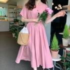 Cuff-sleeve Gathered-waist A-line Dress
