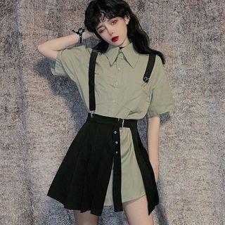 Elbow-sleeve Mini Shirt Dress / Asymmetric A-line Mini Pleated Skirt