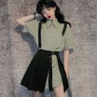 Elbow-sleeve Mini Shirt Dress / Asymmetric A-line Mini Pleated Skirt