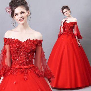 Flare-sleeve Paneled Ball Gown Wedding Dress