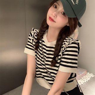 Short-sleeve Ruffled Striped Knit Top