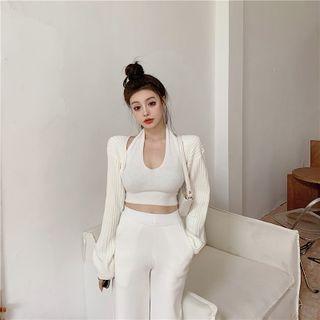 Ribbed Knit Cropped Cardigan / Halter Top