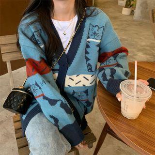 V-neck Knit Cat Pattern Sweater Cardigan