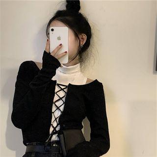 Set: Turtleneck Tank Top + Long-sleeve Lace-up Cropped T-shirt