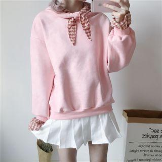 Mock Two Piece Bow Accent Plaid Hoodie