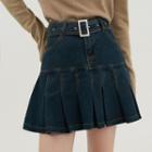 Belted Pleated Mini A-line Denim Skirt