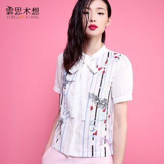 Tie-neck Band Collar Short Sleeve Shirt