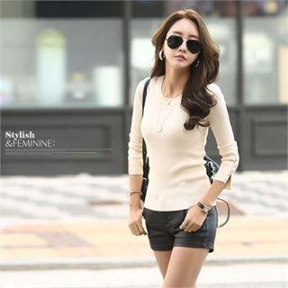 Buttoned-cuff Slim-fit Rib-knit Top