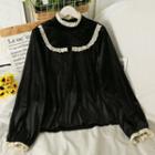 Lace-trim Stand-collar Velvet Blouse