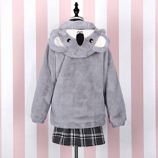 Hooded Fleece Jacket / Plaid A-line Skirt / Gloves