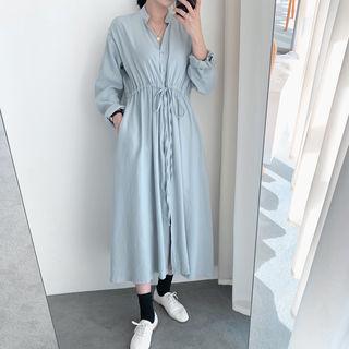 Open-placket Drawstring-waist Long Shirtdress