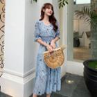 Elbow-sleeve Floral-print Smocked Midi A-line Dress