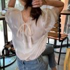 Short-sleeve Bow Back Blouse Almond - One Size