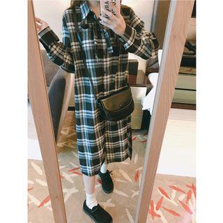 Long Sleeve Gathered-waist Loose-fit Plaid Long Sheath Dress
