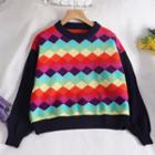 Rainbow Color Block Long-sleeve Sweater As Shown In Figure - One Size