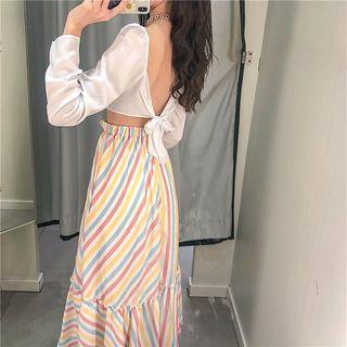 Long Sleeve Open Back Cropped Top / Striped A-line Skirt