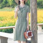 Short-sleeve Tie-neck Plaid Midi A-line Dress