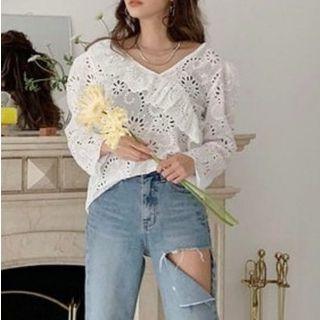 Ruffle-trim Eyelet Lace Blouse White - One Size