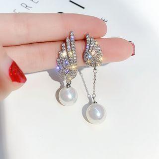 Rhinestone Wing Earring He1160-1 - 1 Pair - Silver Stud - Non Matching - Wing - Silver - One Size
