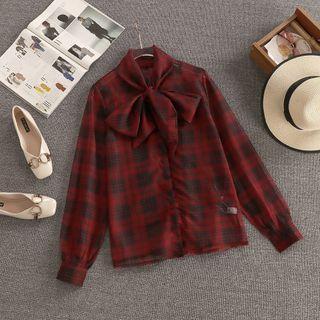 Set: Tie-neck Plaid Blouse + Camisole