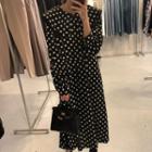 Dotted Long-sleeve Midi A-line Dress Black - One Size