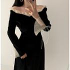 Off-shoulder Mini A-line Velvet Dress Black - One Size
