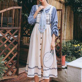 Tie Neck Chiffon Blouse / Printed Midi Pinafore Dress / Set