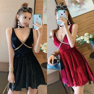 Sleeveless Contrast Trim Velvet A-line Mini Dress