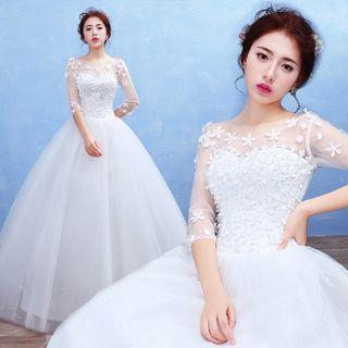 Embroidered 3/4-sleeve Ball Gown Wedding Dress