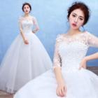 Embroidered 3/4-sleeve Ball Gown Wedding Dress