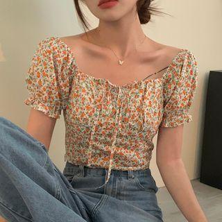 Puff-sleeve Floral Tie-strap Cropped Blouse Tangerine & Green - One Size