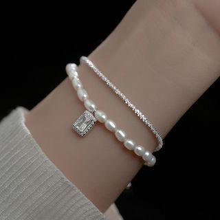 Rhinestone Faux Pearl Sterling Silver Bracelet 1 Pc - One Size
