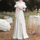 Short-sleeve Off-shoulder Slit Wedding A-line Gown