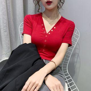 Short-sleeve Grommet Shirred T-shirt