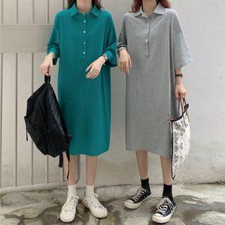 Elbow-sleeve Midi Shift Polo Dress