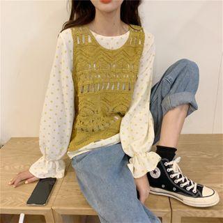 Dotted Blouse / Crochet Knit Vest