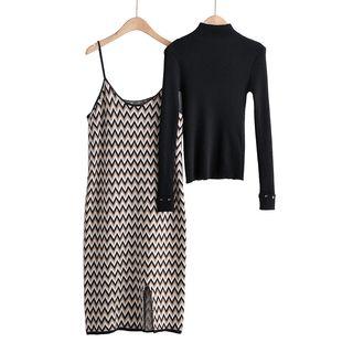 Set: Mock-neck Long-sleeve Knit Top + Patterned Spaghetti Strap Knit Dress Black - One Size