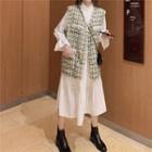 Ruffle Trim Midi A-line Dress / Plaid Tweed Button-up Vest