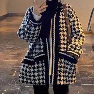 Houndstooth Jacket / Plain Slit Wide-leg Pants