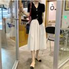 Short-sleeve V-neck Blouse / Midi A-line Skirt / Set
