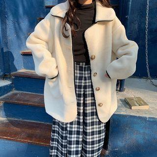 Contrast Trim Coat / High-waist Plaid A-line Skirt