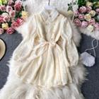 Lace Puff Long-sleeve Midi Dress