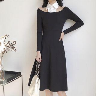 Color Block Off-shoulder Long-sleeve A-line Midi Dress