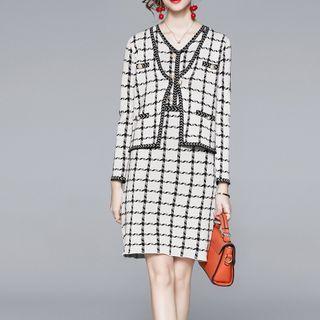 Set: Plaid Button Jacket + Sleeveless Sheath Dress Jacket - White - One Size / Dress - White - One Size